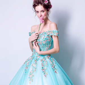 Blue flowers embroidered bride wedding dresses and wedding dresses for dinner party