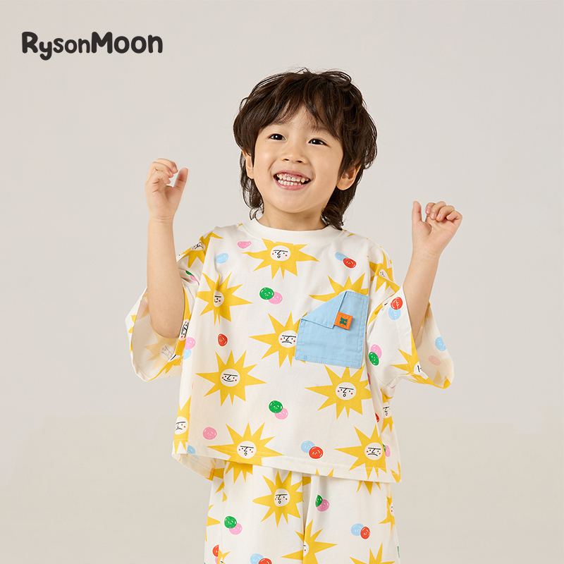 RYSONMOON童装夏季冰凉丝棉太阳笑脸男女儿童宽松版短裤短袖套装