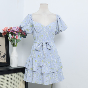 收腰连衣裙A3 澳洲单小众设计法式 复古气质方领碎花裙泡泡袖