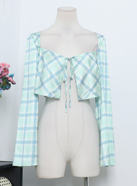 澳洲PP小众设计性感辣妹丝滑缎面格子绑带修身喇叭袖短款上衣A3-1