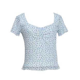 显瘦短款 澳洲单小众设计款 T恤修身 复古方领网纱碎花短袖 上衣 法式