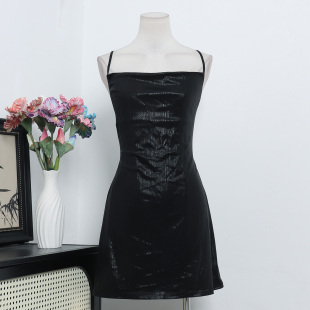 澳洲单PP小众设计性感辣妹亮丝荡领露背修身 显瘦吊带连衣裙A3