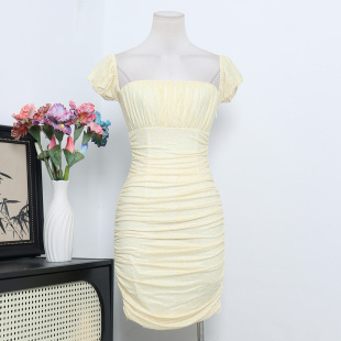 连衣裙A3 澳洲单PP小众设计性感辣妹方领褶皱碎花裙修身 包臀短款