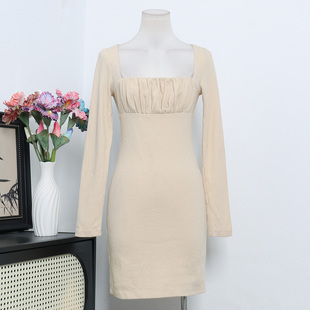 连衣裙A3 澳洲单PP小众设计性感辣妹方领纯色修身 显瘦长袖