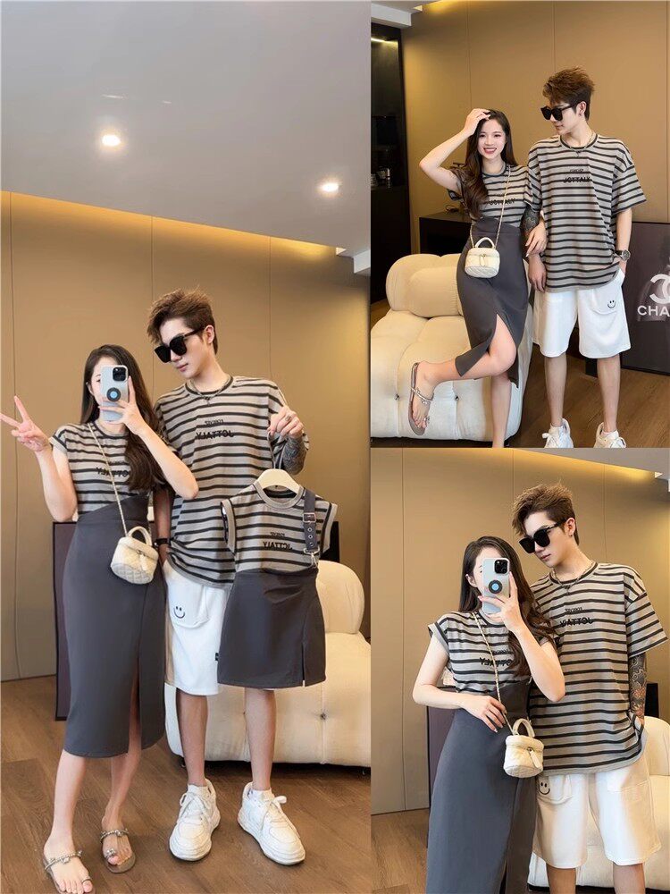 명절 친자복 여름옷 세줄무늬 모녀 반팔 티셔츠 페이크 투피스 드레스  가족복