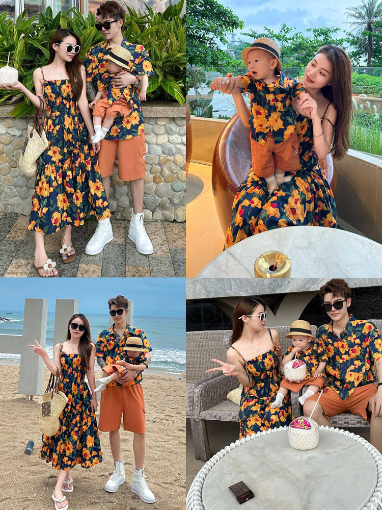 해변 휴가 해변 부모와 자식 여름 옷 3인 가족 꽃무늬 서스펜더 스커트 드레스 셔츠 모녀 슈트