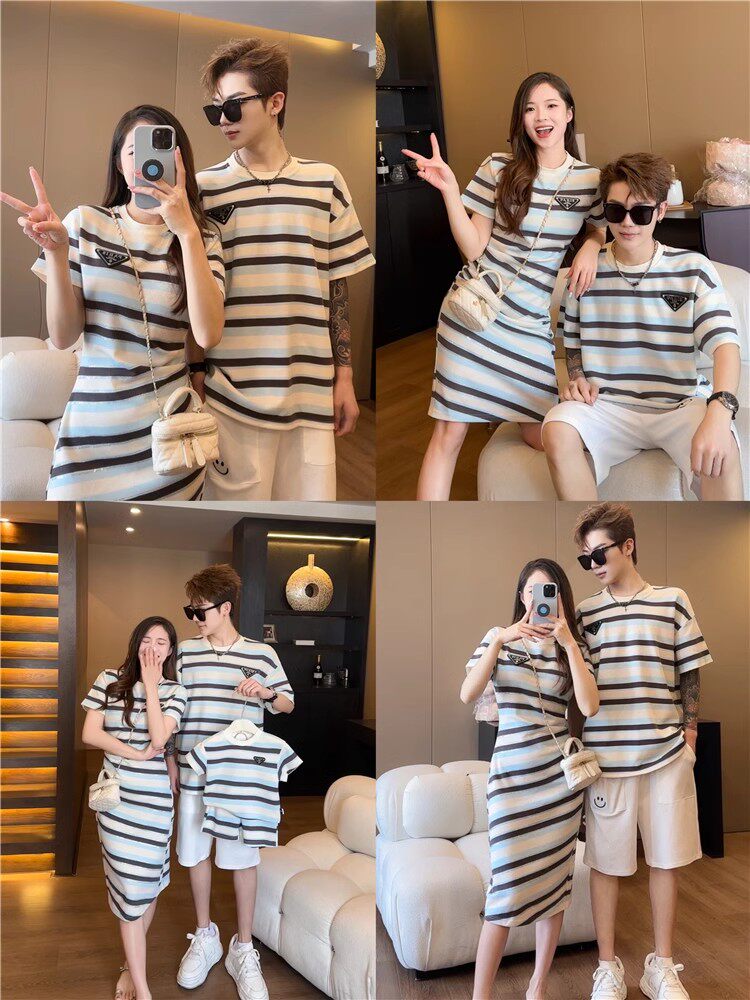 방학 친자복 여름 3인 가족 스트라이프 모녀 원피스 롱 스커트 모녀 반팔 티셔츠  가족복
