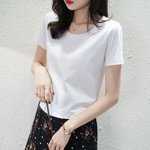 小个子100%棉短款高腰t恤女
