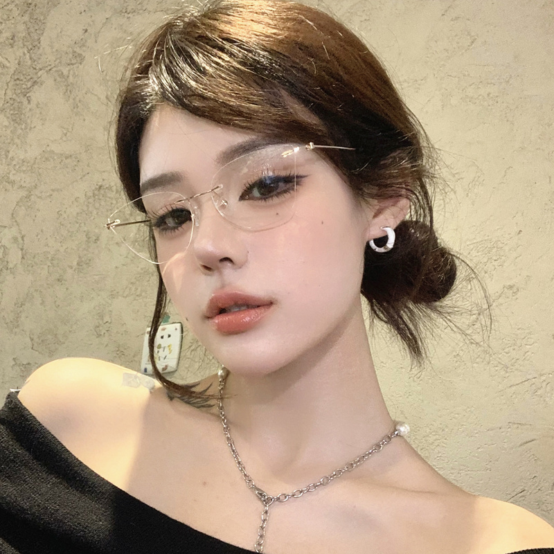 超轻猫眼无框眼镜女可配度数近视