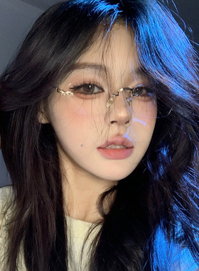 纯欲网红无框眼镜女素颜近视可配度数方形金丝边小框简约眼镜框男