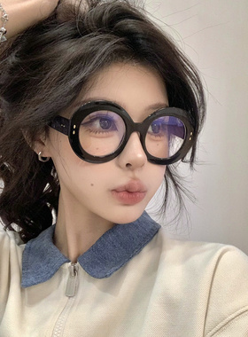 黑色粗框素颜防蓝光平光镜复古大框女大圆脸显瘦懒人凹造型眼镜框