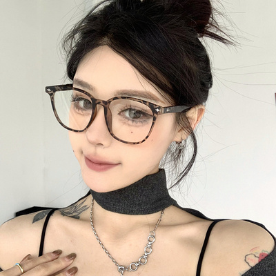 复古磨砂豹纹大框眼镜女可配度数