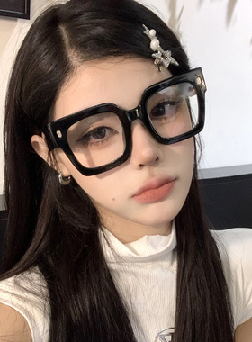 复古方形黑色粗框眼镜女大框圆脸显瘦素颜凹造型眼镜框配近视度数