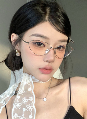 复古金属猫眼纯欲眼镜可配度数女银色清冷高级感素颜防蓝光平光镜