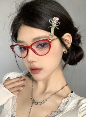 复古红色猫眼时尚防蓝光平光镜女素颜神器韩版百搭显脸小眼镜框架