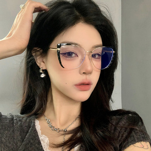 近视可配度数大框显脸小平光镜架 复古黑金色半框猫眼素颜眼镜女款