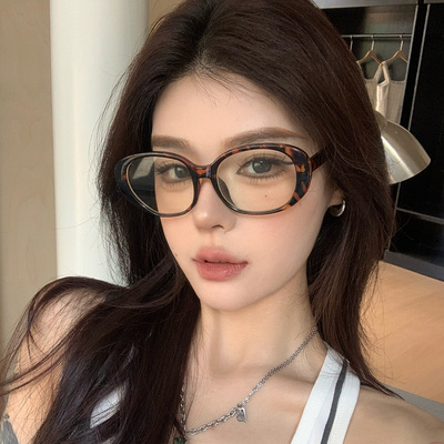 复古大框椭圆豹纹眼镜女可配度数