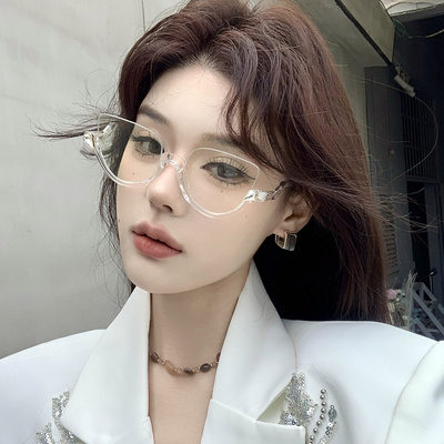 透明色氛围感猫眼半框眼镜配度数