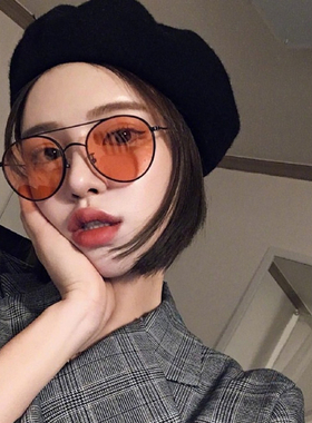 韩国原宿网红同款复古橘色太阳眼镜女金属框海洋片透明镜片墨镜男