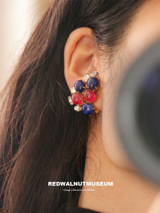 配色高级耐看 Scaasi仿青金石配云纹琉璃莱茵石红蓝配色中古耳夹