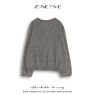zonefive秋季新款针织衫毛衣女圆领长袖镂空设计感慵懒风针织上衣