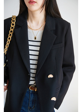 设计感西装外套女2023早春新款韩版开叉黑色休闲上衣宽松小西服