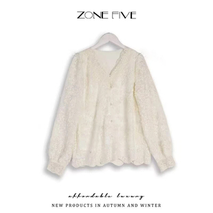 zonefive春季新款蕾丝衫法式V领长袖显瘦衬衫上衣百搭气质小衫