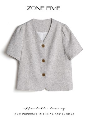 法式小香风短袖无领西装外套薄款灰色泡泡袖小个子短款西服上衣女