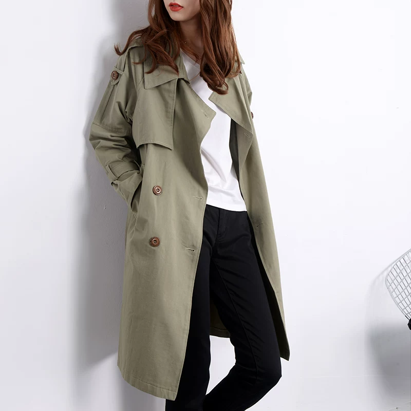 Trench coat, green colored long jacket, Korean style, maxi length, internet celebrity