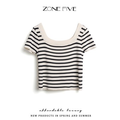 法式U领冰丝T恤女显瘦短款短袖