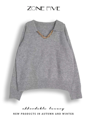 zonefive厚款秋冬毛衣女 时尚百搭翻领设计感气质长袖毛针织衫