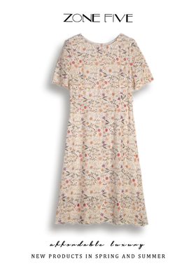 zonefive夏季碎花裙子 收腰中长款减龄洋气A字裙高腰显瘦连衣裙