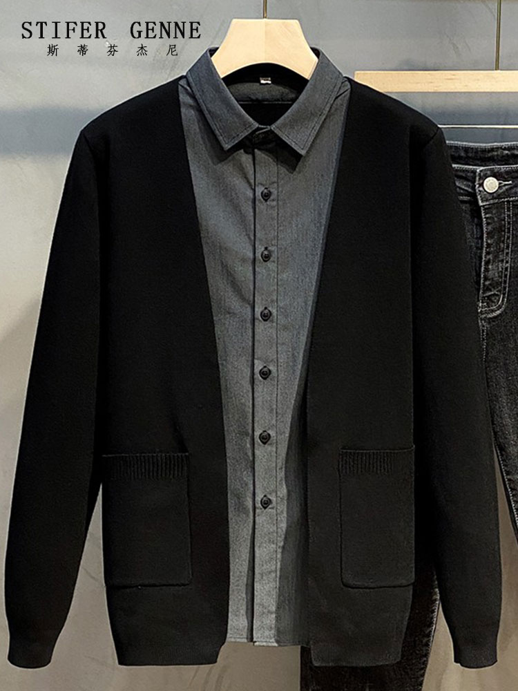 Stephen fall/winter men's fake two-piece wool knit cardigan, busi