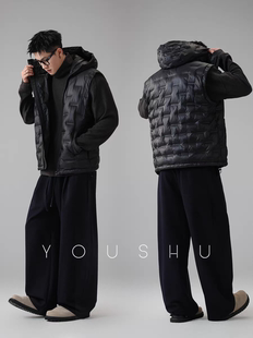 有术白鸭绒斜拉链压印轻薄连帽羽绒马甲男冬季2025新款大码背心
