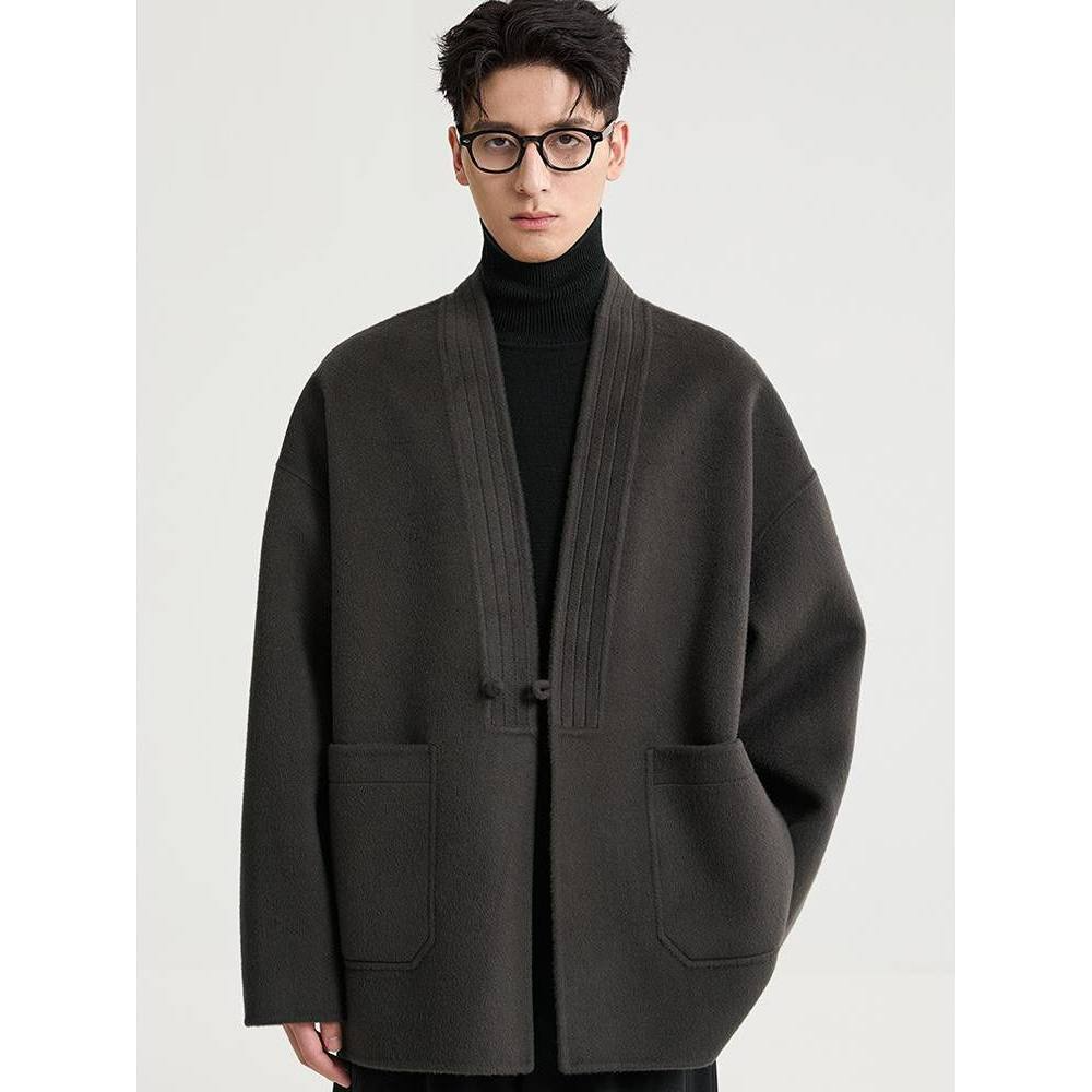 100%绵羊毛男士道袍领呢子夹克2025秋季新款高端双面学生无领外套,男装,毛呢大衣,淘宝优惠券,粉丝福利购,淘宝优惠卷