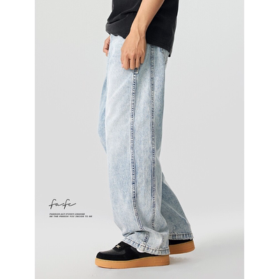 FAFC春季新款石墨水洗做旧牛仔裤男美式高街宽松休闲直筒阔腿长裤