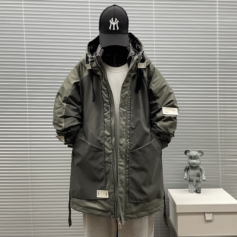 冬季新款加厚连帽工装中长款羽绒服外套男休闲宽松加厚保暖派克服