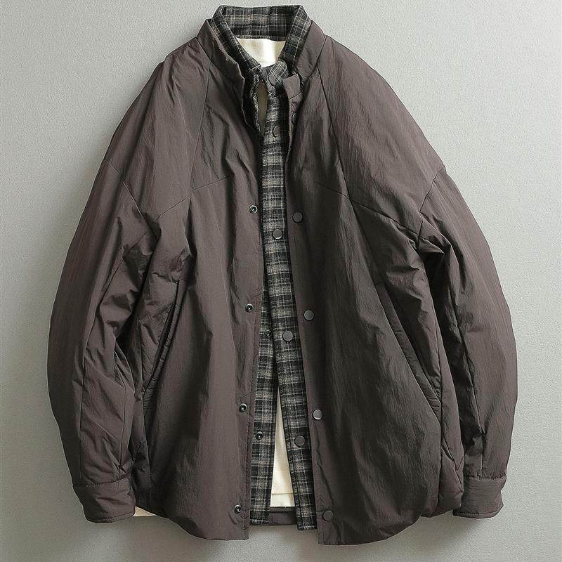 假两件款秋冬日系覆古 微阔格纹内衬立领羽绒服外套 男装