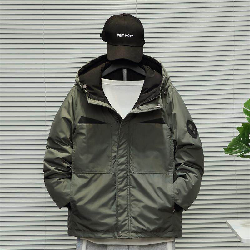 潮牌工装羽绒服男短款大码胖子冬季连帽派克服白鸭绒冲锋衣户外套