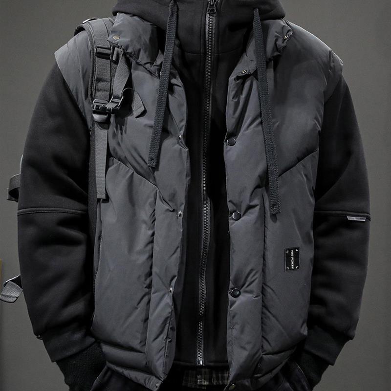 冬季新款男士羽绒服卫衣连帽假两件装宽松潮牌加厚青少年短款外套