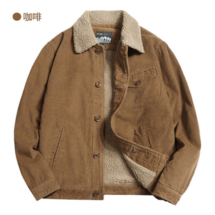 棉服袄加绒复古灯芯绒夹克 加厚棉衣条绒工装 羊羔绒外套男士 秋冬季