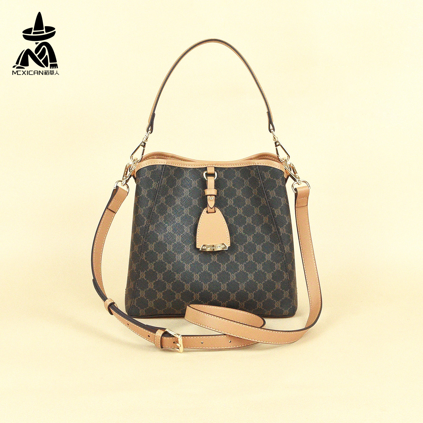 稻草人女包2026新款包包女水桶包牛皮单肩斜挎包高级感老花手提包,箱包皮具/热销女包/男包,水桶包,淘宝优惠券,粉丝福利购,淘宝优惠卷