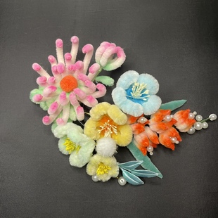 渐变成品仿非遗绒花发饰头饰菊花汉服新娘舞台戏曲发夹发簪边夹明
