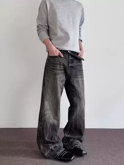 American Retro Washed Distressed Black Lightning Pattern Jeans for Men, High Street Cleanfit Loose Straight Pants for Men