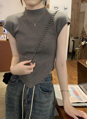不规则半高领纯色短袖针织衫女2025夏季修身显瘦气质短款百搭上衣