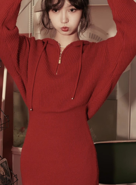 小个子甜辣风红色毛衣连衣裙子秋季2024新款女装内搭包臀短裙秋冬