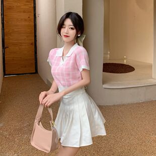 设计感小众短袖 高腰别致上衣女夏季 t恤ins潮 短款 纯欲风polo针织衫