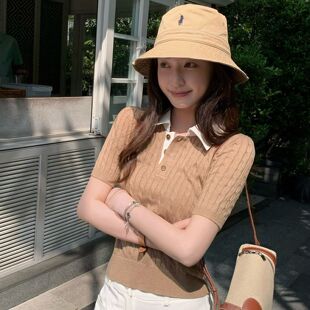 显瘦百搭针织上衣潮 设计感修身 复古麻花polo领短袖 T恤女2026夏季