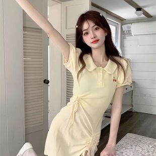 樱桃POLO翻领连衣裙夏日学院奶甜辣妹抽绳褶皱收腰小个子初恋短裙