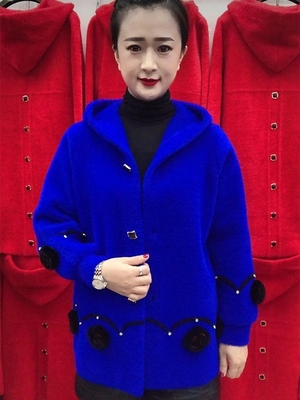 2025妈妈装水貂绒外套宽松针织长袖50-60岁开衫秋冬新款连帽上衣